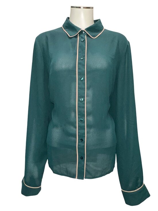 Forever 21 Size XL Teal Sheer Button Up Blouse Contrast Trim Officecore Workwear - Picture 2 of 10